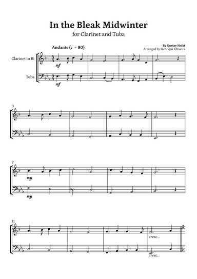 In the Bleak Midwinter (Clarinet and Tuba) - Beginner Level