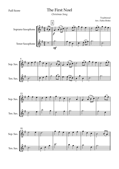 The First Noel (Christmas Song) for Soprano Saxophone & Tenor Saxophone Duo
