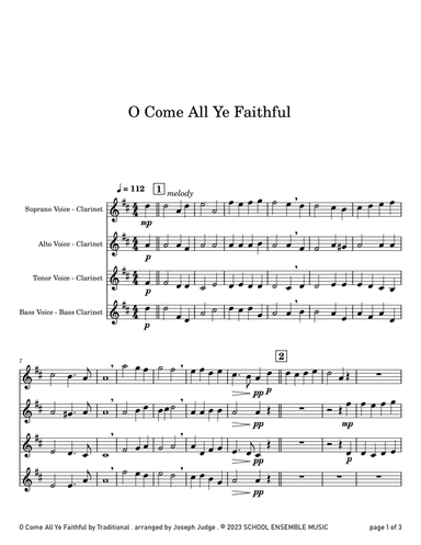 O Come All Ye Faithful for Clarinet Quartet in Schools