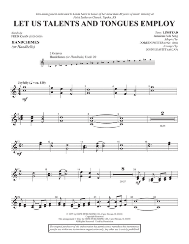 Let Us Talents And Tongues Employ (arr. John Leavitt) - Handchimes (or Handbells)