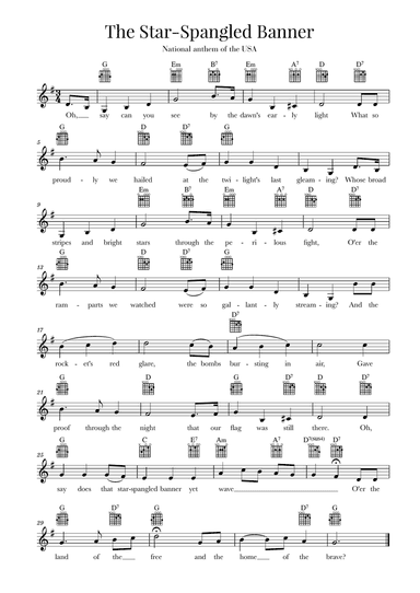 The Star Spangled Banner (National Anthem of the USA) - Guitar - G Major