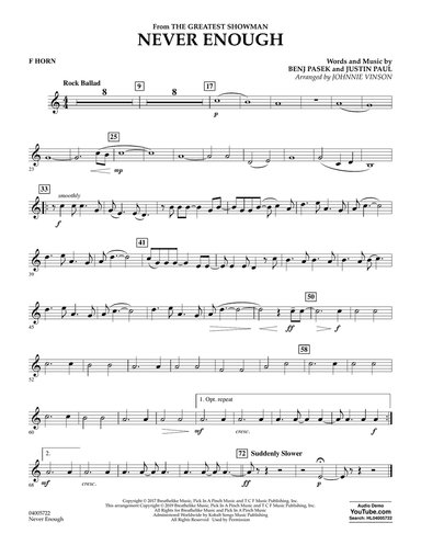 Never Enough (from The Greatest Showman) (arr. Johnnie Vinson) - F Horn