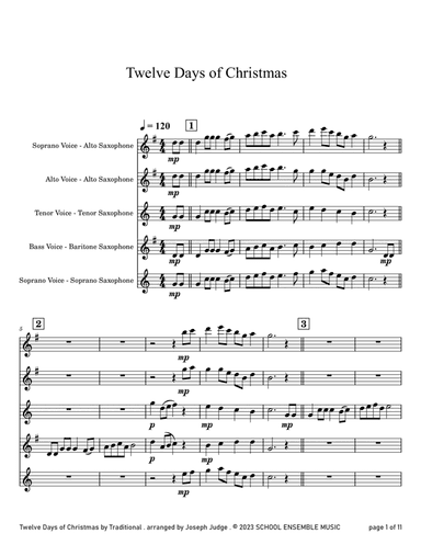 Twelve Days Of Christmas for Saxophone Quartet in Schools