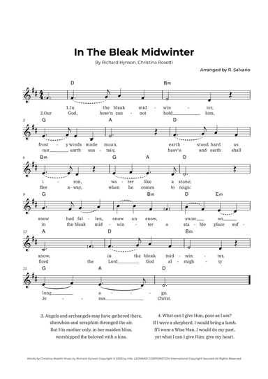 In The Bleak Midwinter (Key of D Major)