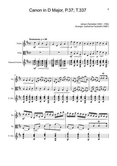 Johann Pachelbel - Canon in D Major, P.37; T.337. Arrangement for Violin, Viola and Classical Guitar