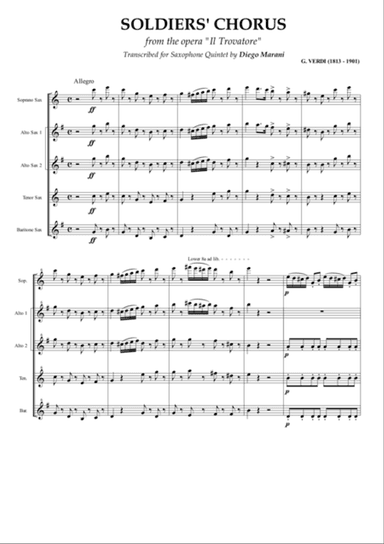 Soldiers' Chorus from the opera "Il Trovatore" for Saxophone Quintet