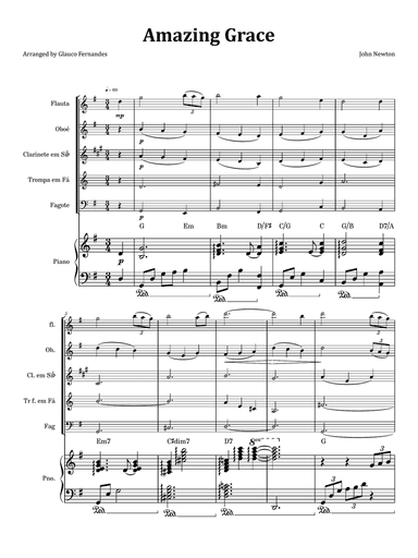Amazing Grace - Woodwind Quintet & Piano with Chord Notation