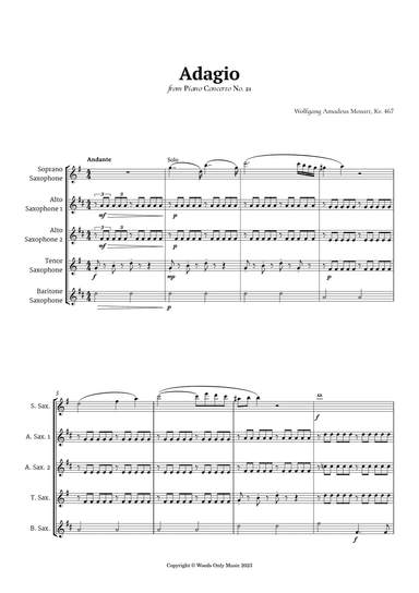 Andante from Piano Concerto No. 21 by Mozart for Sax Quintet
