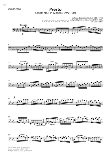 Presto from Sonata No.1, BWV 1001 - Cello and Piano (Individual Parts)