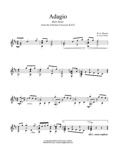 Adagio from the clarinet concerto (theme) for easy guitar solo