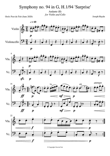 Symphony no. 94 in G, H.1/94 'Surprise', Andante (II) - FJ Haydn (Violin & Cello) excerpt