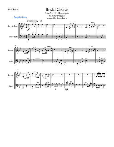 BRIDAL CHORUS Duo for String Duo, Woodwind Duo, Intermediate Level for any combination of a treble c