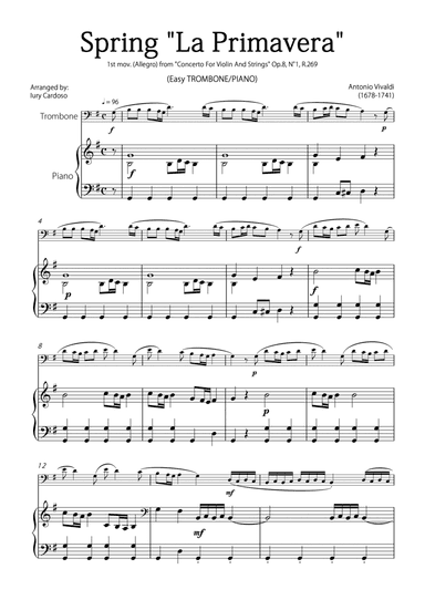 "Spring" (La Primavera) by Vivaldi - Easy version for TROMBONE & PIANO