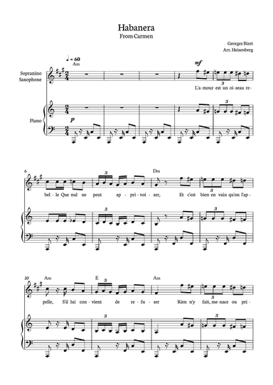 Habanera from Carmen for sopranino Saxophone with piano and chords.