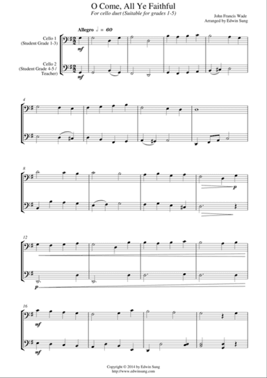 O Come, All Ye Faithful (for cello duet, suitable for grades 1-5)