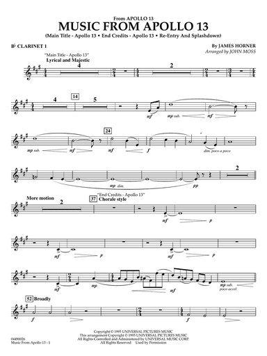 Music from Apollo 13 (arr. John Moss) - Bb Clarinet 1