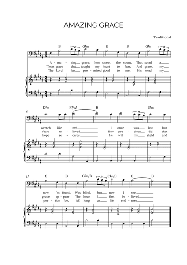 AMAZING GRACE - for piano and baritone in B major with chords
