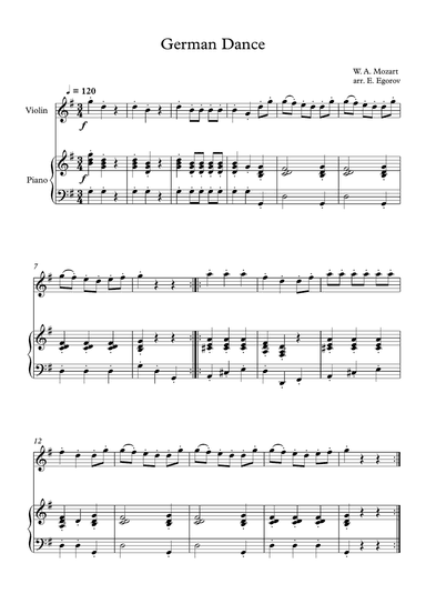 German Dance, Wolfgang Amadeus Mozart, For Violin & Piano