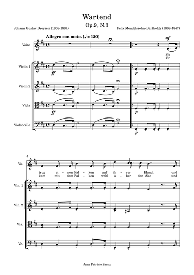 Mendelssohn, F: Wartend Op.9, No.3 - arrangement for string quartet and High voice