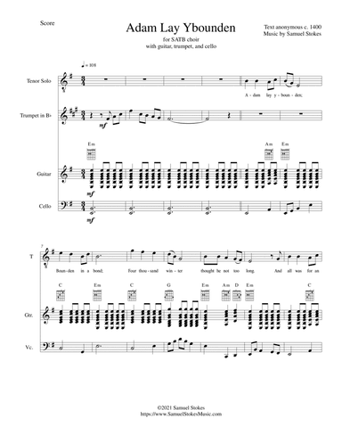 Adam Lay Ybounden - for SATB choir, guitar, trumpet, and cello