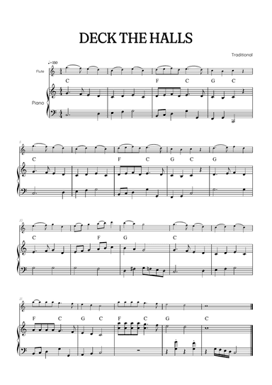 Deck the Halls for flute with piano accompaniment • easy Christmas song sheet music with chords