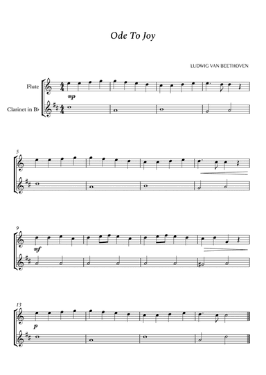 Beethoven - Ode to Joy for Flute and Clarinet in Bb (Easy)