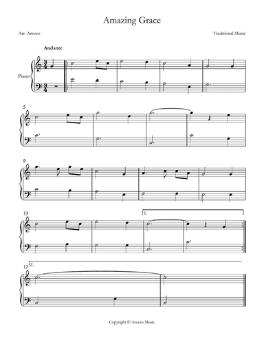John Newton amazing grace easy piano sheet music C major