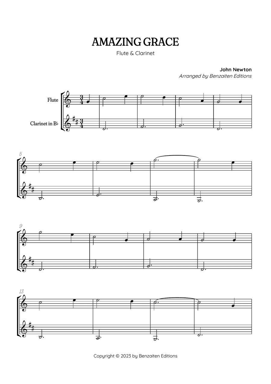 Amazing Grace • super easy flute and clarinet duet sheet music in PDF