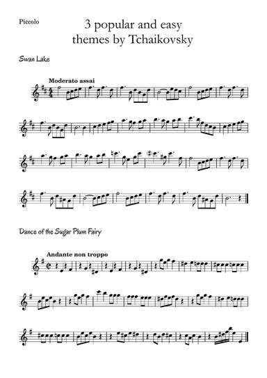 3 popular and easy themes by Tchaikovsky with accompaniment and chord symbols for Piccolo