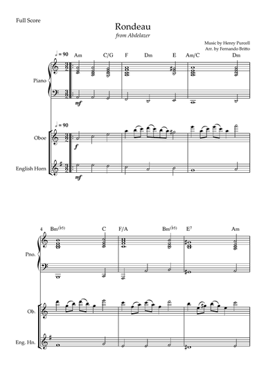 Rondeau (from Abdelazer) for Oboe & English Horn Duo and Piano Accompaniment with Chords