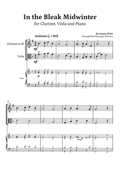 In the Bleak Midwinter (Clarinet, Viola and Piano) - Beginner Level
