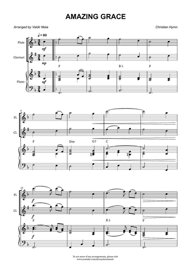 Amazing Grace - Flute and Clarinet Duet with Piano Accompaniment and Chord Symbols