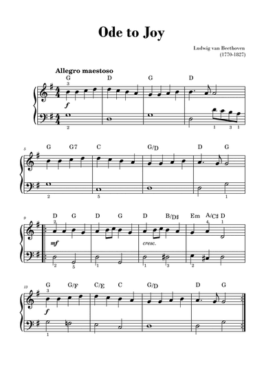 Beethoven - Ode to Joy for Easy/Beginner Piano (with fingerings and Chords)