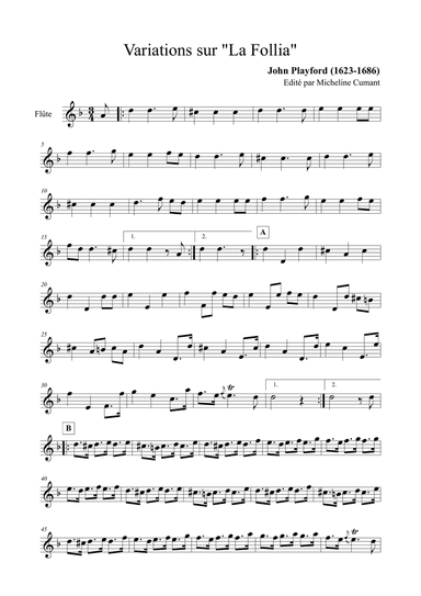 Playford, John : La Follia - Variations pour flûte (ou flûte à bec ou violon) et clavier