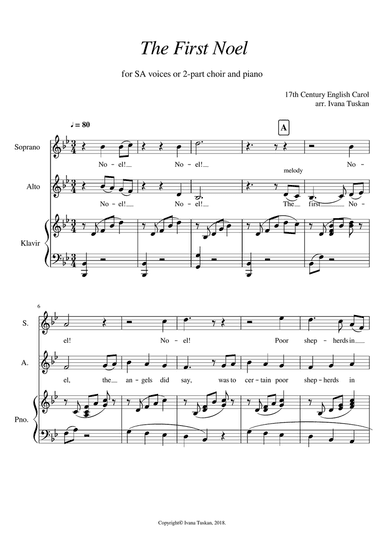 The First Noel for SA solo voices or 2 – part choir and piano.