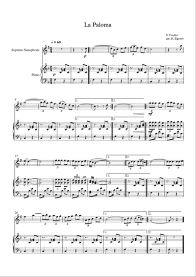 La Paloma, Sebastian Yradier, For Soprano Saxophone & Piano