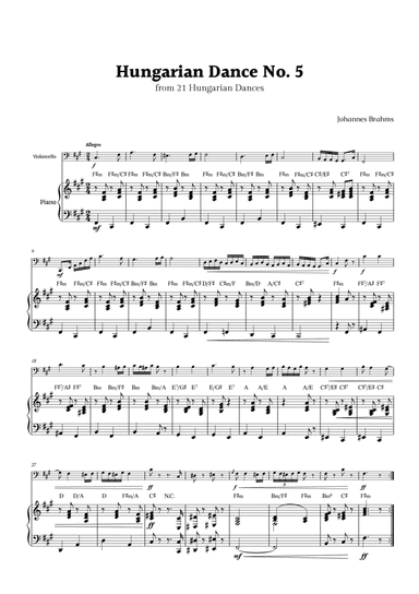 Hungarian Dance No. 5 by Brahms for Violoncello and Piano with Chords