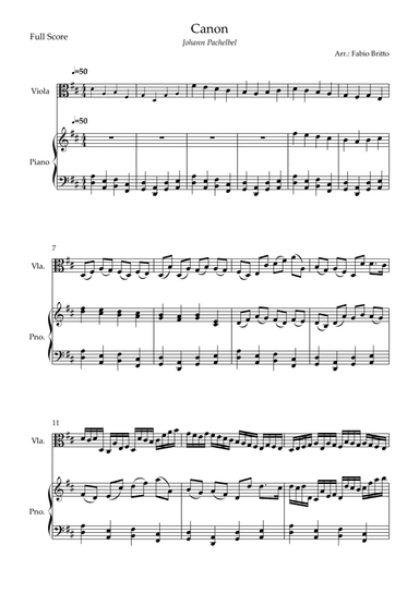 Canon - Johann Pachelbel (Wedding/Reduced Version) for Viola Solo and Piano Accompaniment