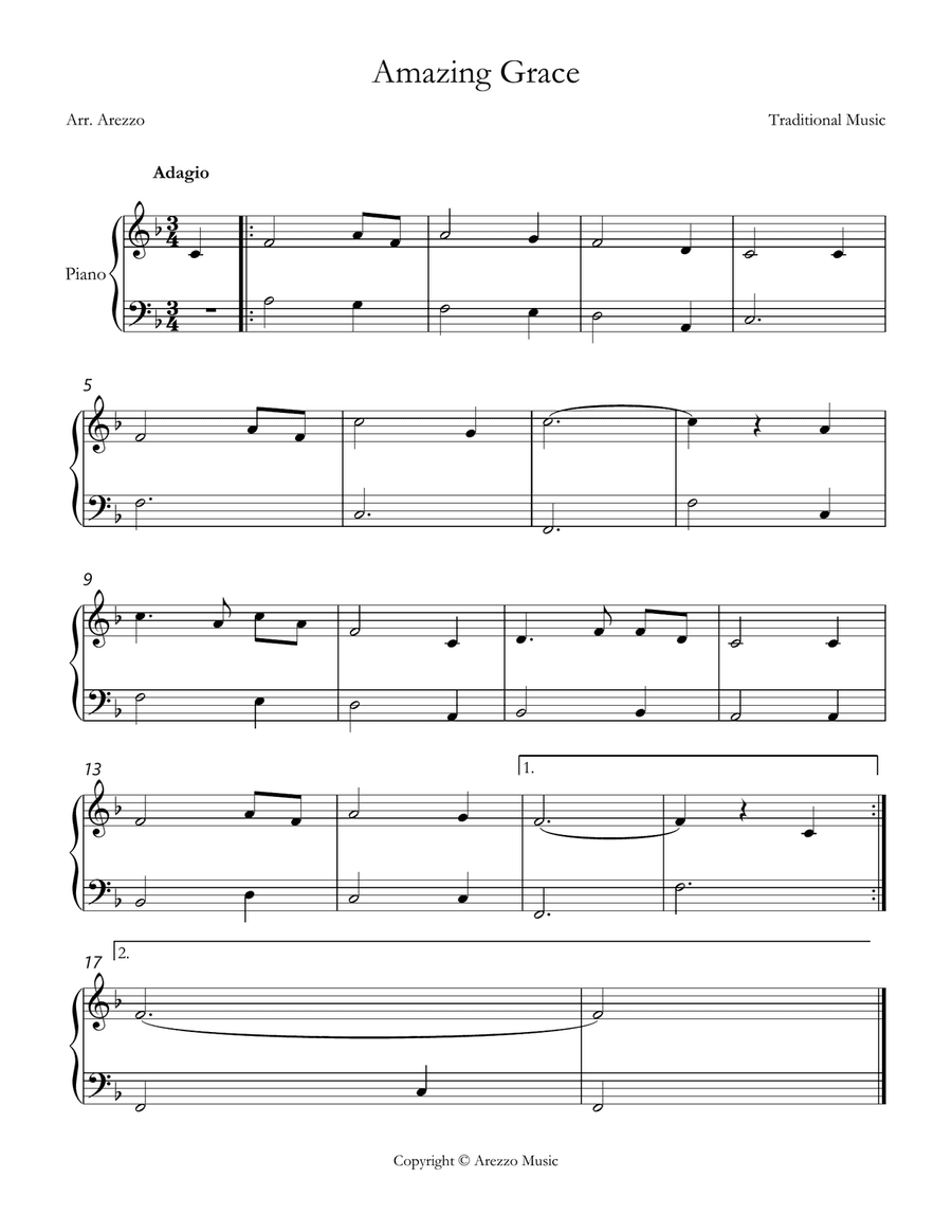 John Newton amazing grace easy piano sheet music F major