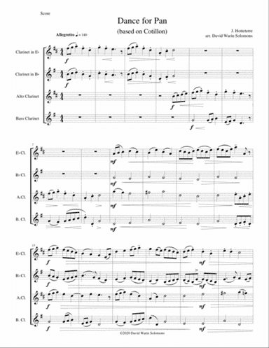 Dance for Pan (based on Cotillon) for clarinet quartet (E flat, B flat, Alto, Bass)