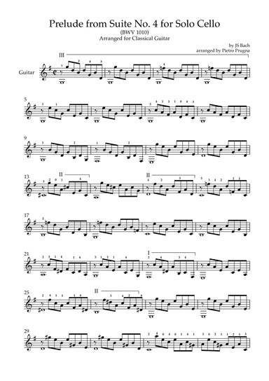 Prelude (from Suite No. 4 for Solo Cello) (BWV 1010) by JS Bach - arr for Solo Guitar in G major