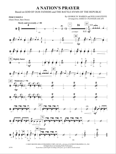 A Nation's Prayer (Based on "God of Our Fathers" and "The Battle Hymn of the Republic"): 1st Percussion