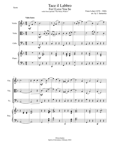 Franz Lehar - Tace il Labbro from "The Merry Widow" arr. for piano quartet (score and parts)