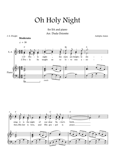 Oh Holy Night (F major - SA - with chords - with piano - one staff)