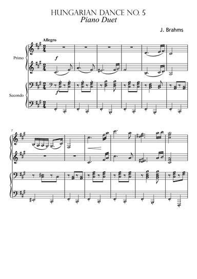 Hungarian Dance no. 5 by Brahms for Piano Duet 4-hands