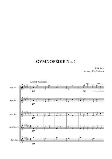Gymnopédie no 1 | Saxophone Quintet | Original Key |Easy intermediate