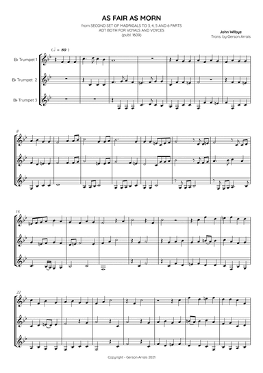 AS FAIR AS MORN - John Wilbye - Bb trumpet trio - Score and Parts