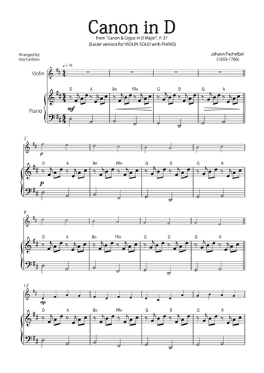 "Canon in D" by Pachelbel - EASY version for VIOLIN SOLO with PIANO