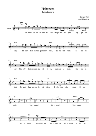 Habanera Carmen for voice in G minor with chords.