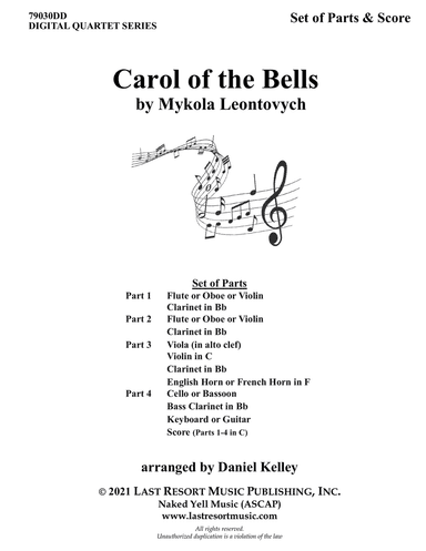 Carol of the Bells for String Quartet or Wind Quartet (Mixed Quartet, Double Reed Quartet, or Clarin